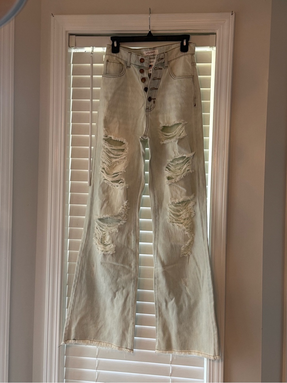 Vibrant Light Beige Distressed Wide-Leg Jeans